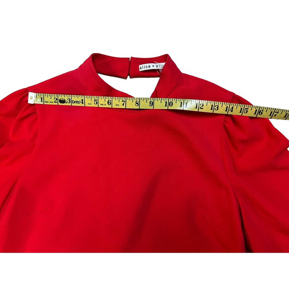 Alice & Olivia Bailey Mini Dress Red Mock Neck V-Back Zip 3/4 Bell Sleeve SZ 8 - Picture 14 of 16